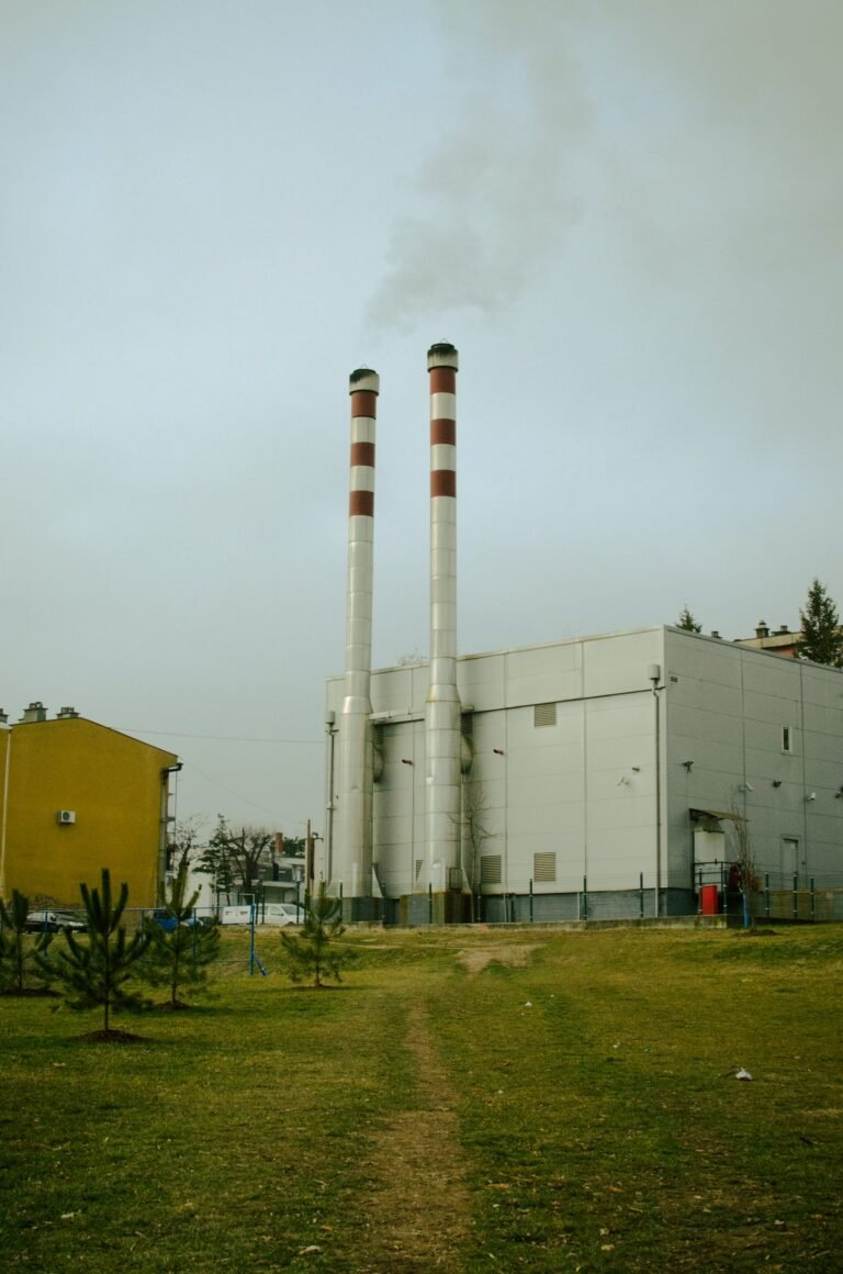 Two chimneys releasing smoke in an industrial area in Serbia, representing air pollution