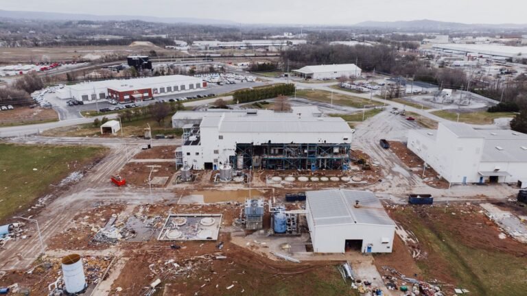 Aerial view of an industrial complex in Chattanooga showing buildings and construction debris