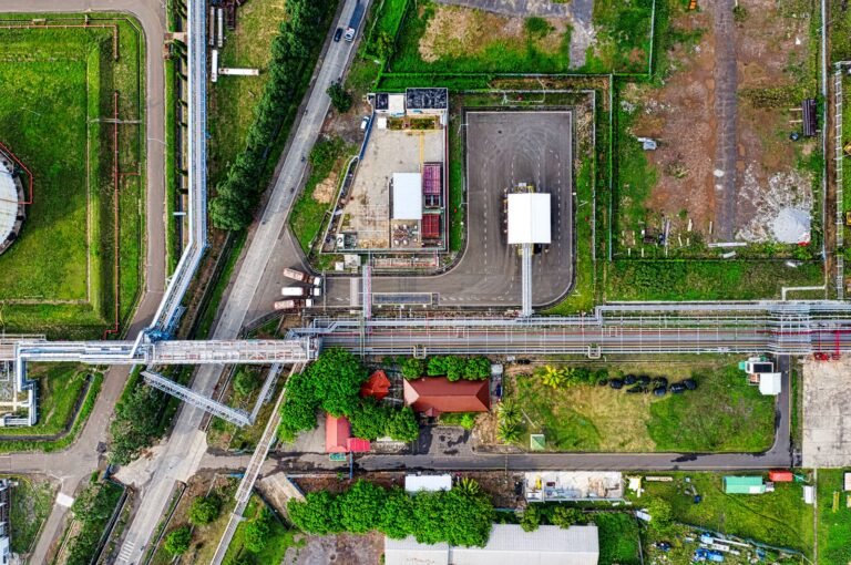 Aerial photograph capturing an industrial area layout in Banten, Indonesia, featuring buildings and roads