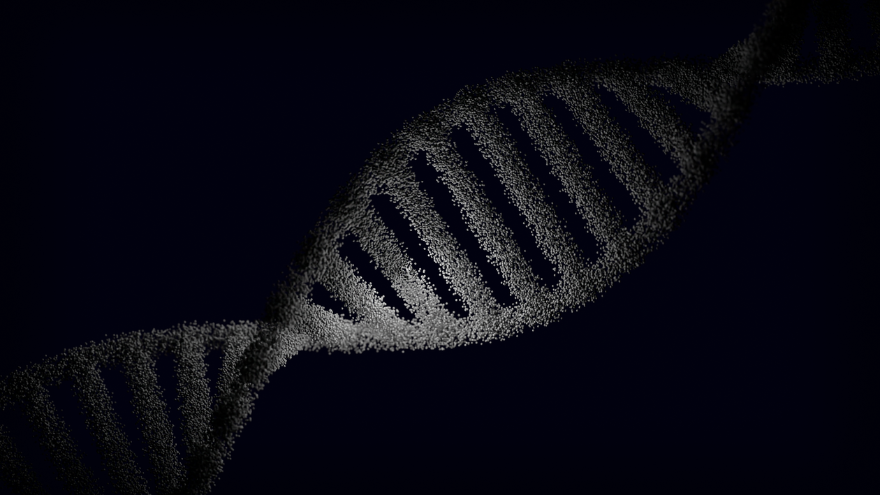 Artistic rendering of a DNA strand with particle effects against a dark background