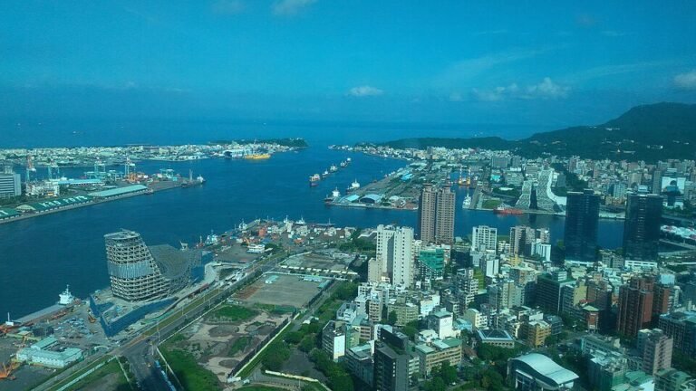 Aerial view of seaport and city — illustrating key economic regions