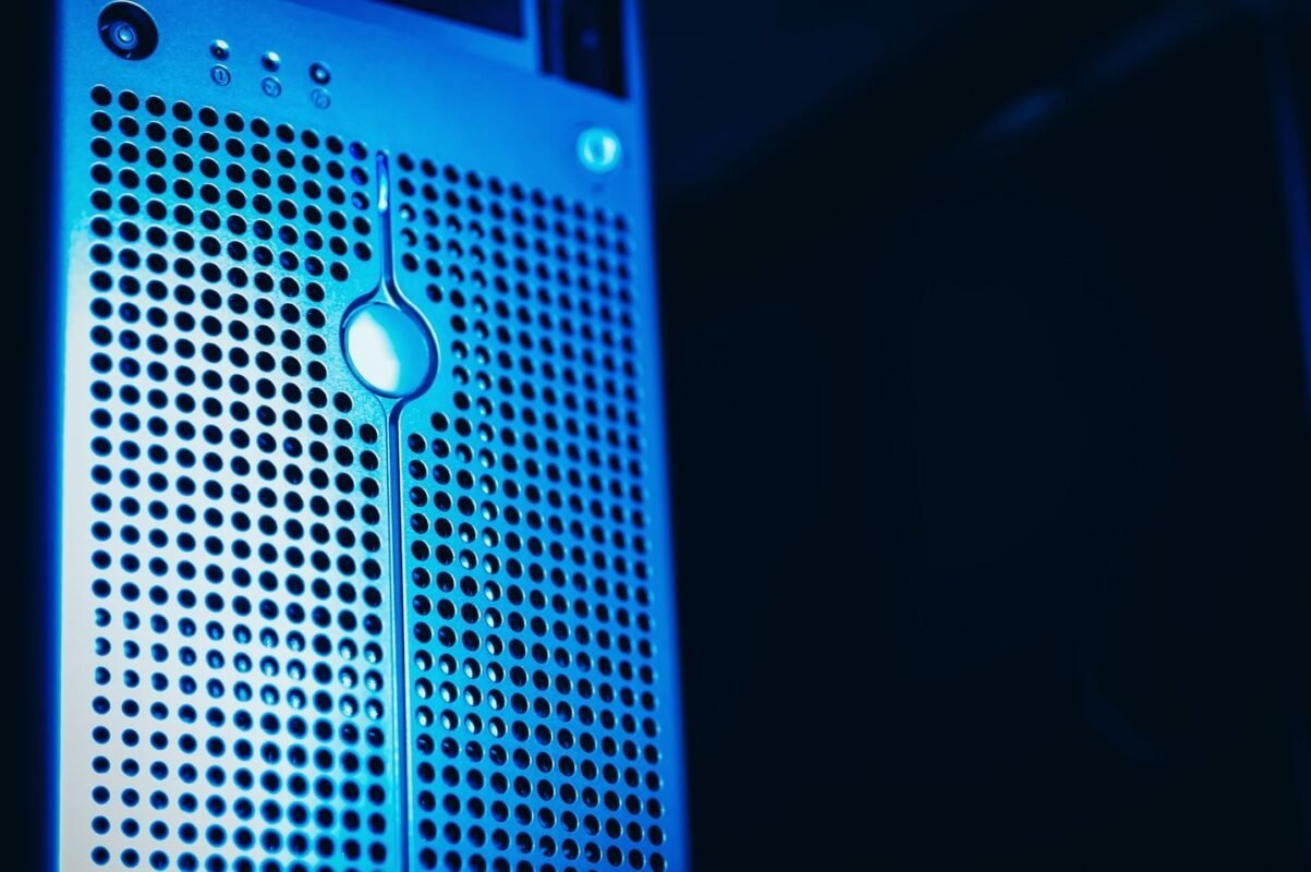 Close-up of a Blue Server Rack in Datacenter