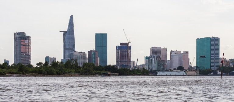 Aerial view of the Saigon River and downtown Ho Chi Minh City
