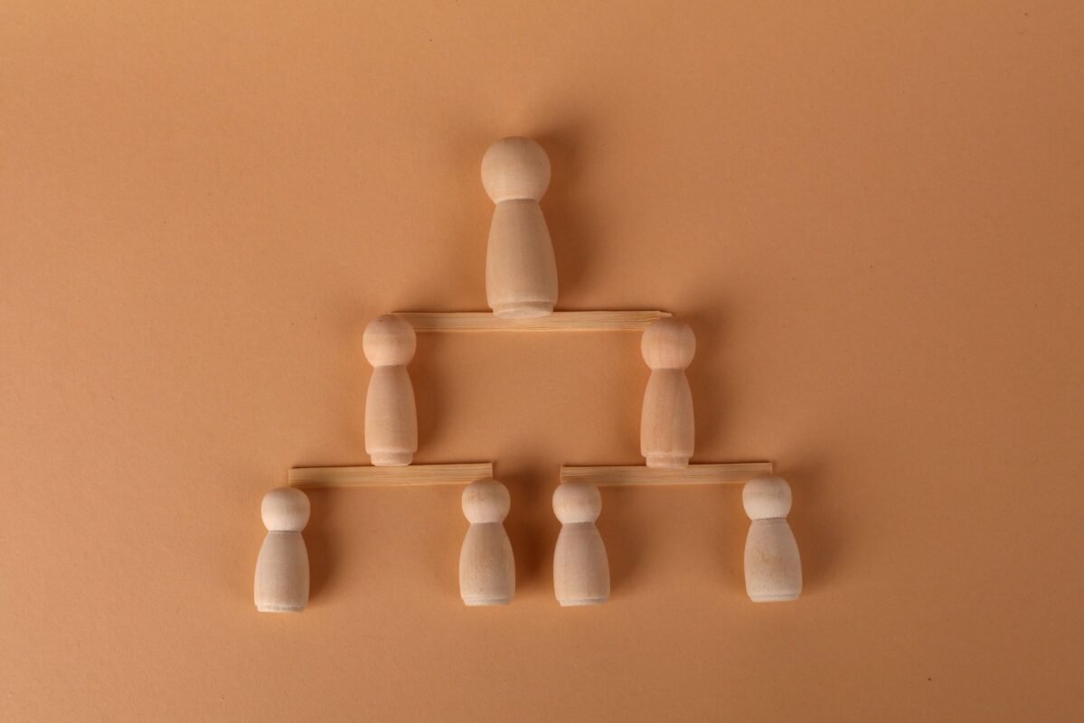 Wooden peg dolls forming organizational pyramid